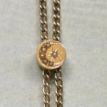 Antique Victorian 14K Slide With Crescent Moon and Star in Half Pearls with GF Chain, GF Victorian Watch Chain With 14K Gold Slide (#4527) 