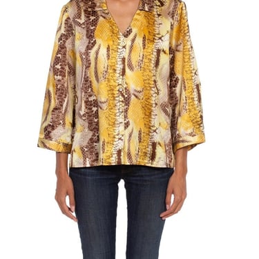 1990S Brown & Yellow Snake Print Poly Blend Button Up Blouse 