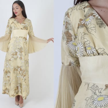Vintage 60s Alfred Shaheen Maxi Dress, Women’s Asian Inspired Shiny Material, Pleated Kimono Bell Sleeve Hawaiian Gown 