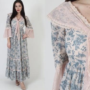 Colonial Print Cottagecore Dress, Delicate All Over Floral Toile Material, Vintage Romantic Garden Lace Maxi Gown 