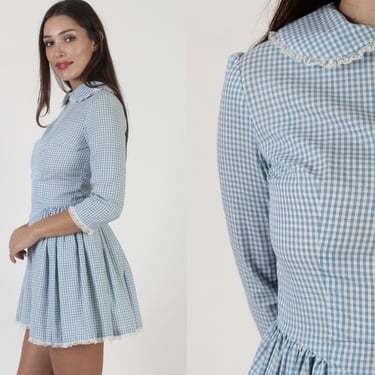 Casual 70s Baby Blue And White Checker Print Gingham Short Picnic Style Dress 
