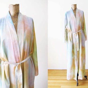 Tie Dye Vintage Rayon Kimono Robe OS - Hand Dyed Floor Length Satin Dressing Robe - Muted Tie Dye Pink Blue Getting Ready Robe 