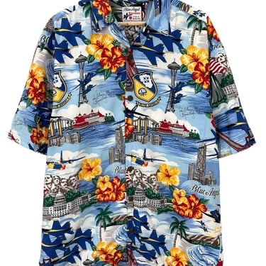 Blue Angels USN Navy Print All Over Cotton/Rayon Hawaiian Shirt Large EUC