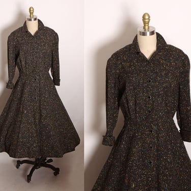 1950s Black, Gray and Rainbow Flecked 3/4 Length Sleeve Fit and Flare Heavy Wool Winter Dress 