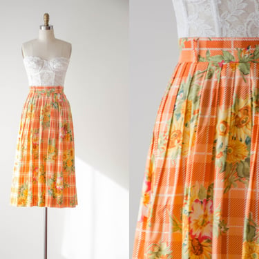 cute cottagecore skirt | 80s 90s vintage orange yellow white sunflower plaid cotton midi skirt 