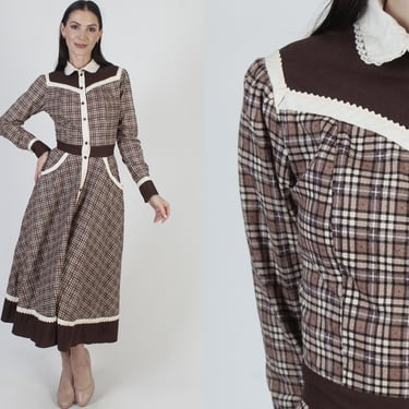 Brown Plaid Gunne Sax Dress, Western RicRac Trim, Cottagecore Jessica McClinotck Midi, Tag Size 13 