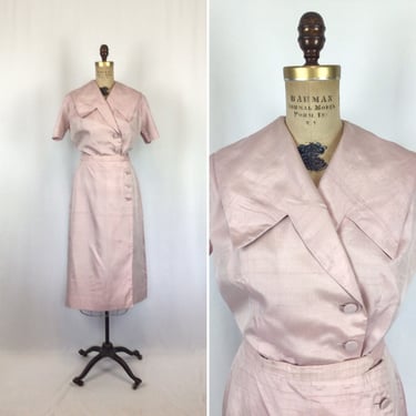 Vintage 50s dress | Vintage lavender raw silk wiggle dress | 1950s pastel wrap dress 