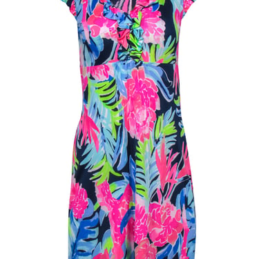 Lilly Pulitzer - Navy & Pink Floral Silk "Clare" Dress w/ Ruffle Sleeves Sz S