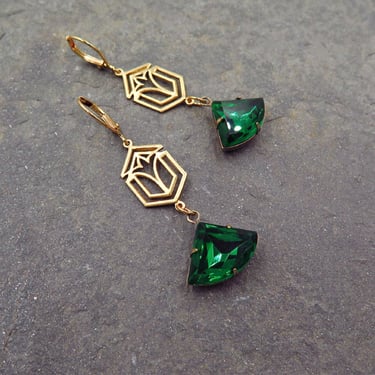 Emerald Green Earrings, Gold Statement Earrings, Art Deco Style, Mid Century Modern 