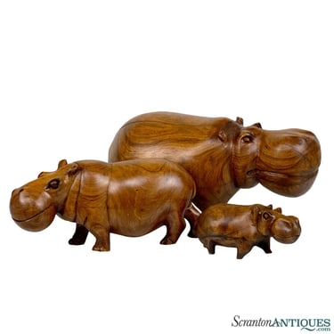Vintage African Mahogany Carved Hippo Sculptures - Set of 3