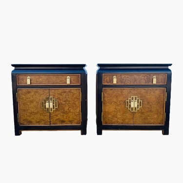 Set of 2 Vintage Chinoiserie Nightstands by Raymond Sobota Century Chin Hua FREE SHIPPING Two-Tone Black & Burl Wood Asian Bedside Tables 