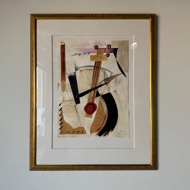 1980's Liz Jardine " Guitar & Sheet Music II " Mixed Media Expressionist Painting, Framed 