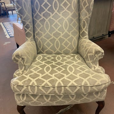 Grey & Cream Patterned Wing Chair