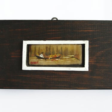 Vintage 1970s Asian Inspired Lacquer and Painted Boat Landscape Art on Wood Block - Small Wall Accent Original Artwork 