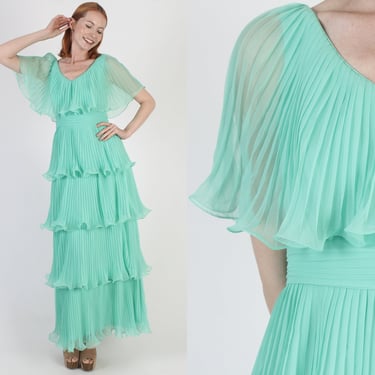 Miss Elliette Mint Green Dress, Tiered Layered Sheer Chiffon, Vintage 70s Ruffle Avant Garde, Unique Pleated Maxi Gown 
