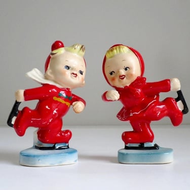 Ucagco Japan Ice Skater Salt and Pepper Shakers, Figural Spice Shakers, 50s Holiday Dinner Table Decor 