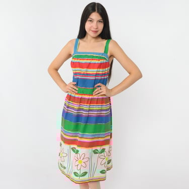 70s Striped Sun Dress Vintage Floral Midi Dress Retro High Waisted Smocked Back Sleeveless Red Blue Green Sundress 1970s Small Medium 
