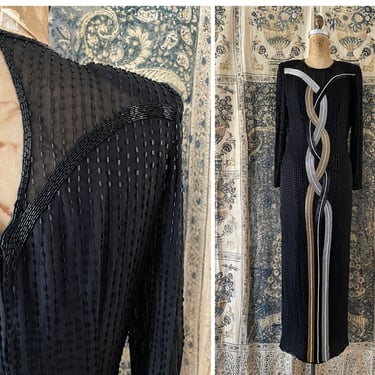 Vintage ‘80s ‘90s heavy beaded column dress, India silk | floor length gown, glam, trophy, runway, S 