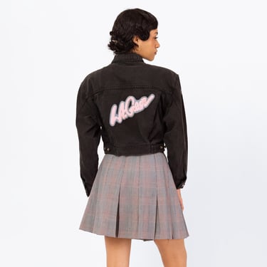 Vintage 80s LA Gear Cropped Black Jean Jacket - Small | Varsity Patch Jeweled Button Streetwear Denim Jacket 
