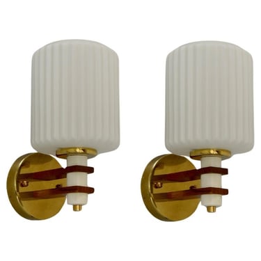 Midcentury Glass, Brass and Wood Sconces