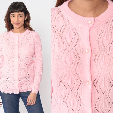 Baby Pink Pointelle Cardigan 80s Button up Knit Sweater Open Weave Cutout Boho Pastel Grandma Cut Out Spring Acrylic Vintage 1980s Medium M 