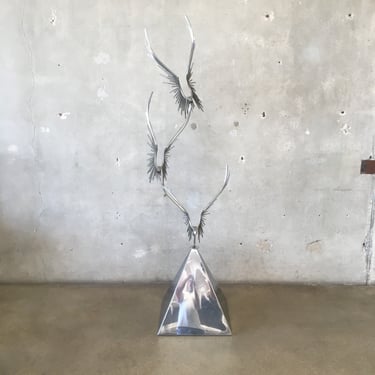 Signed Curtis Jere "Birds At Flight" Chrome Metal Sculpture With Original Base