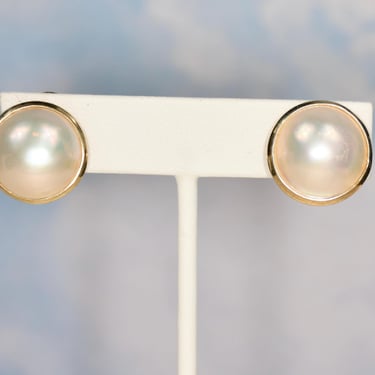 Vintage 14K Gold Mabe Pearl Omega Back Clip Pierced Earrings 16mm Mabe Pearls New Condition Highest Grade Gift for Her Stunning Deep Luster 