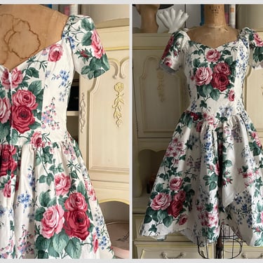 Vintage 80’s garden party dress | floral chintz semi formal prom dress, teal length, S/M 