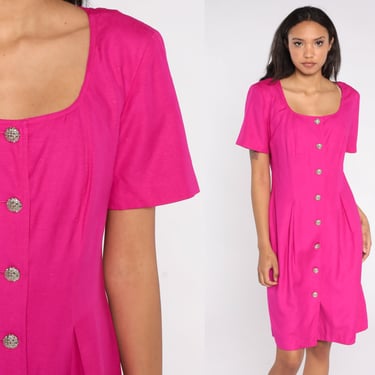 Pink Silk Dress 80s Shirtdress Neon Short Sleeve Mini Dress Fuchsia Pencil Dress Button Up Day Dress Vintage 1980s Secretary Medium M 