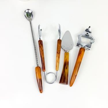 Vintage 4pc Bakelite Bar Tool Set, MCM Barware Mixology Bartender Kit, Brown Tortoise shell Cocktail Martini Spoon, Ice Tongs, Bottle Opener 