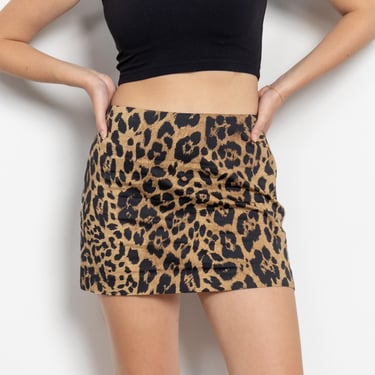 LEOPARD MINI SKIRT Vintage High Waist Pencil Animal Print Stretch Cotton /  29 30 Inch Waist / Size 7 8 