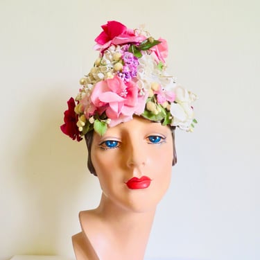 1960's Pink and White Silk Fabric Floral Cone Shape Hat Flowerpot Lilly of the Valley Roses 60's Spring Summer Millinery Wedding Bridal 