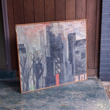 1960s Vintage Mid-Century J. Petty Painting Dark Cityscape 