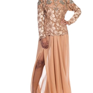 1980S GALANOS Blush Pink Silk Crystal & Sequin Beaded Lace Blouse With Chiffon Pants Evening Ensemble 