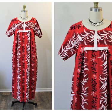 Vintage 50's Red Black Feedsack Cotton Floral Early Hawaiian Princess Maxi Dress Gown Collectible // US 0 2 4 6 xs small 