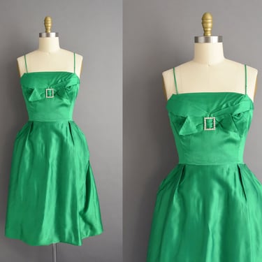 Vintage 1950s Dress | Kelly Green Christmas Holiday Cocktail Party Dress | Small 