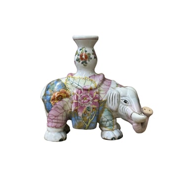 Pink Flower Graphic Porcelain Elephant Candle Holder Accent Decor Figure ws3977E 