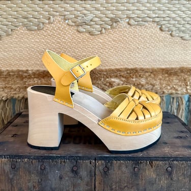 SWEDISH HASBEENS Wood Platforms | Women's Yellow Platform Sandals | Leather Sandals | 70s Inspired Shoes | Swedish Clogs | Women's size 7 