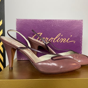 1980s shoes, purple leather, vintage high heels, Garolini, italian designer, 80s pumps, size 9, sling back, d'orsay, classic, unique design 