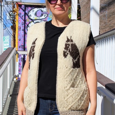 Cowichan Sweater, Vintage 1950s, Hand Knit Sweater Vest, Medium Women, beige taupe brown horse pattern 