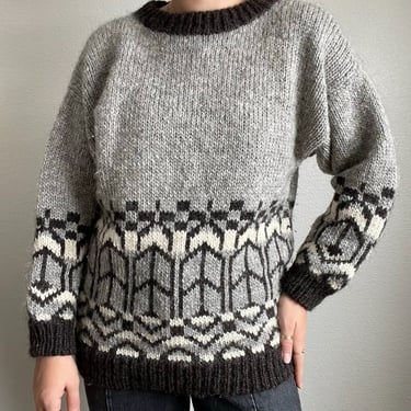 Hand Knit Womens Icelandic Wool Brown Gray Geometric Warm Fluffy Sweater Sz L 