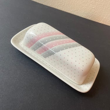 Vintage 80s Churchill England Pink + Gray Dots Ceramic Butter Dish 