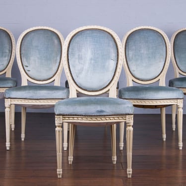 Antique French Louis XVI Style Painted Dining Chairs W/ Blue Velvet - Set of 6 