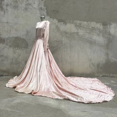 Vintage 1930s 1940 Pink Liquid Satin Wedding Dress Long Train Gown Old Hollywood