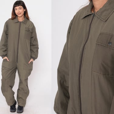 Snowmobile Coveralls 80s Olive Green Insulated Jumpsuit Workwear Pant Long Pants Work Wear Lined Vintage 1980s Snowsuit Men's Small 
