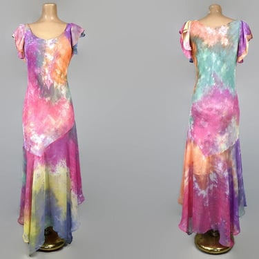 VINTAGE 90s Rainbow Tie Dye Rayon Fairy Dress by Phool | 1990s Y2K Drop Waist Bias Handkerchief Hem Dress Sz Large | VFG 