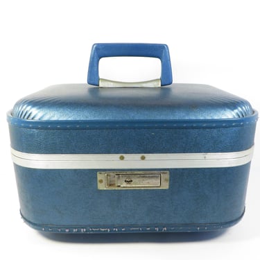 Vintage Blue Train Case - Blue Luggage Make Up Case 