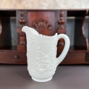 Imperial White Milk Glass Dutch Farmhouse Windmill Pitcher with Embossed Pastoral Scene 20oz Beverage Server 