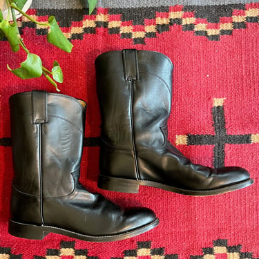 JUSTIN Vintage 80s Western Black Leather Boots | Cowboy Boho Southwestern | Size 9 M 
