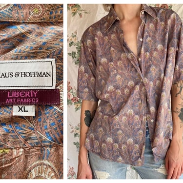 Vintage Maus & Hoffman Shirt / Peacock Print Liberty of London Art Fabrics / Gender Neutral Button Up Shirt / Boyfriend Shirt 